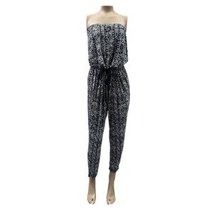 Ambiance Strapless Black White Geometric Print Jumpsuit Drawstring Waist Large